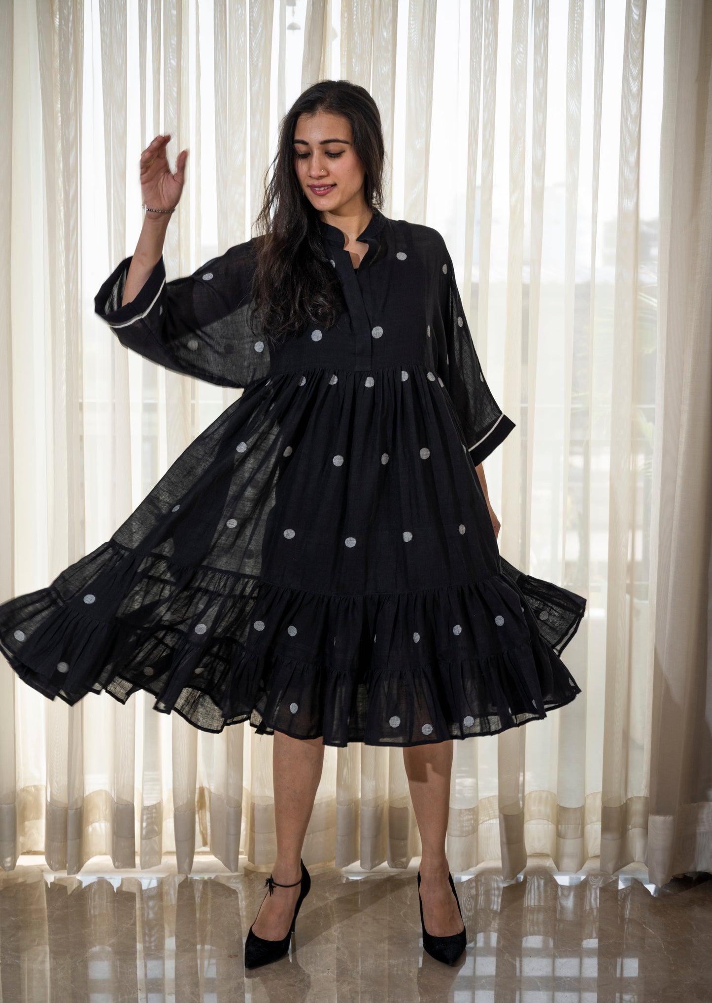 Black jamdani Tier dress in Polka dots